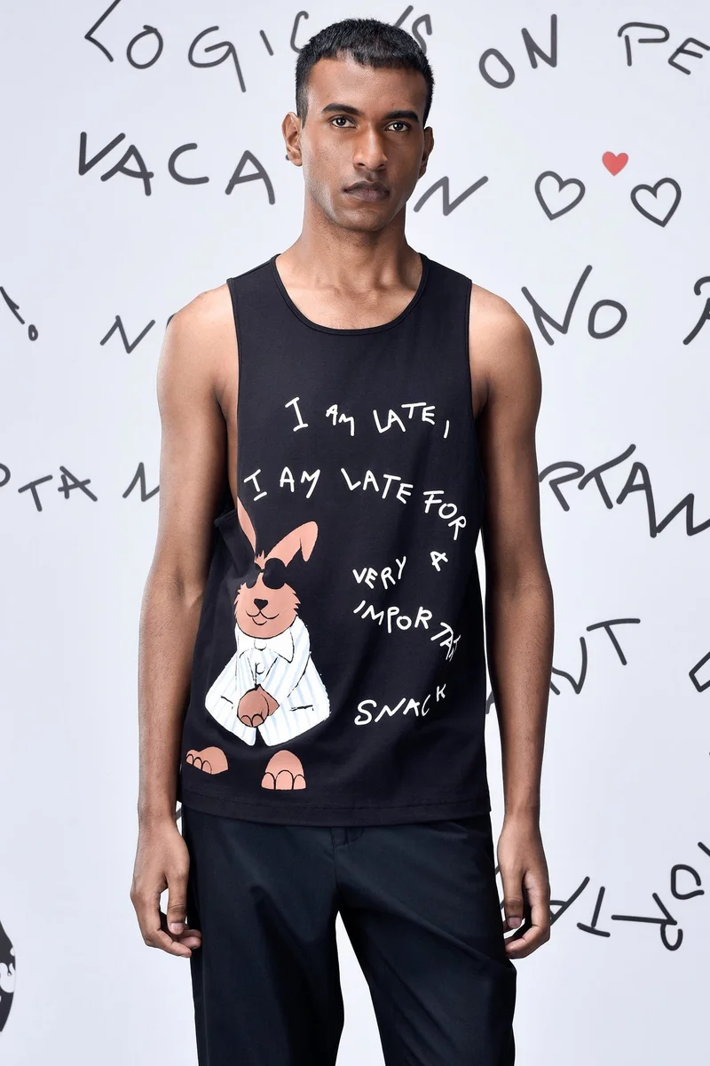 Genes Lecoanet Hemant Black Cotton Single Jersey Vest with Bunny Graphic Print